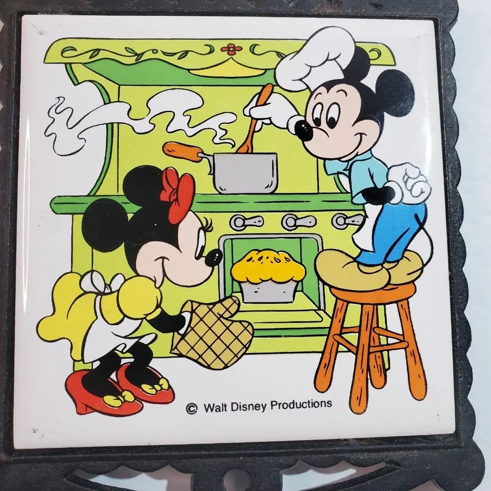 Vintage Japan Collectible Disney Mickey & Minnie Mouse Wrought Iron Tile Trivet